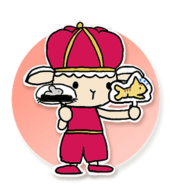 猫と猫を追いかけているネズミのペープサートを動かしている王さまのイラスト